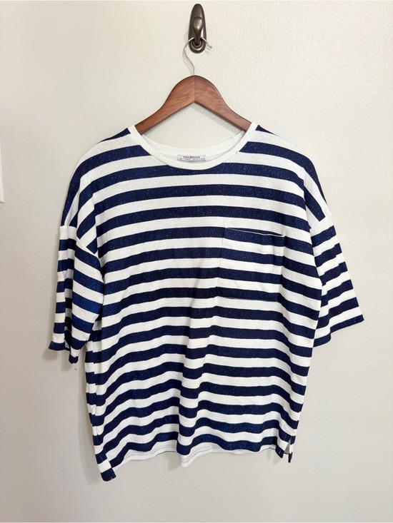 Zara Tops - Zara Trafaluc Metallic Navy Blue & White Striped Oversized Pocket Tee